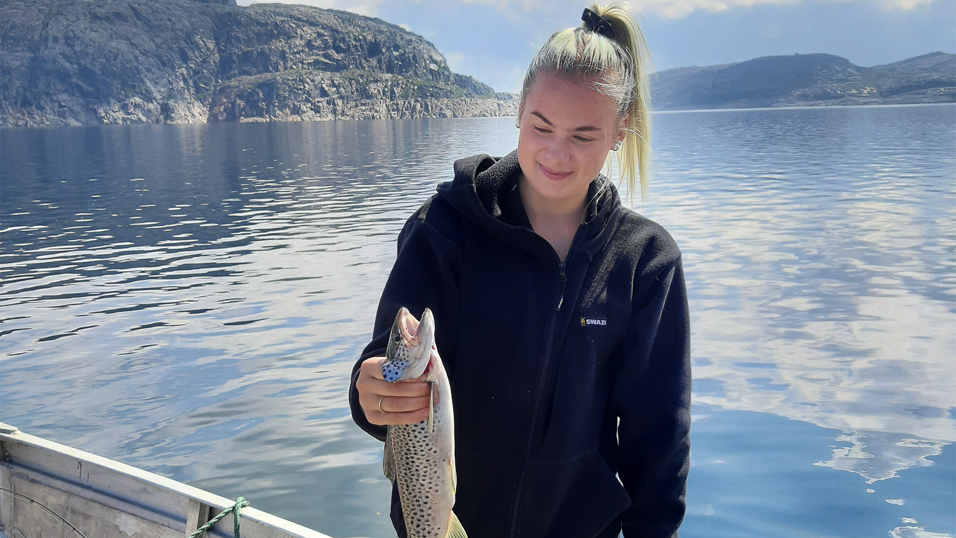 Hund skuer utover fjord og fjell